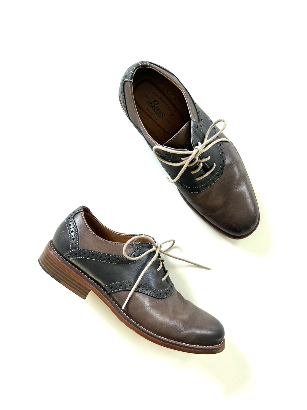 G. H. Bass Dark Grey & Brown Genuine Leather Brogue Oxford Dress Shoes